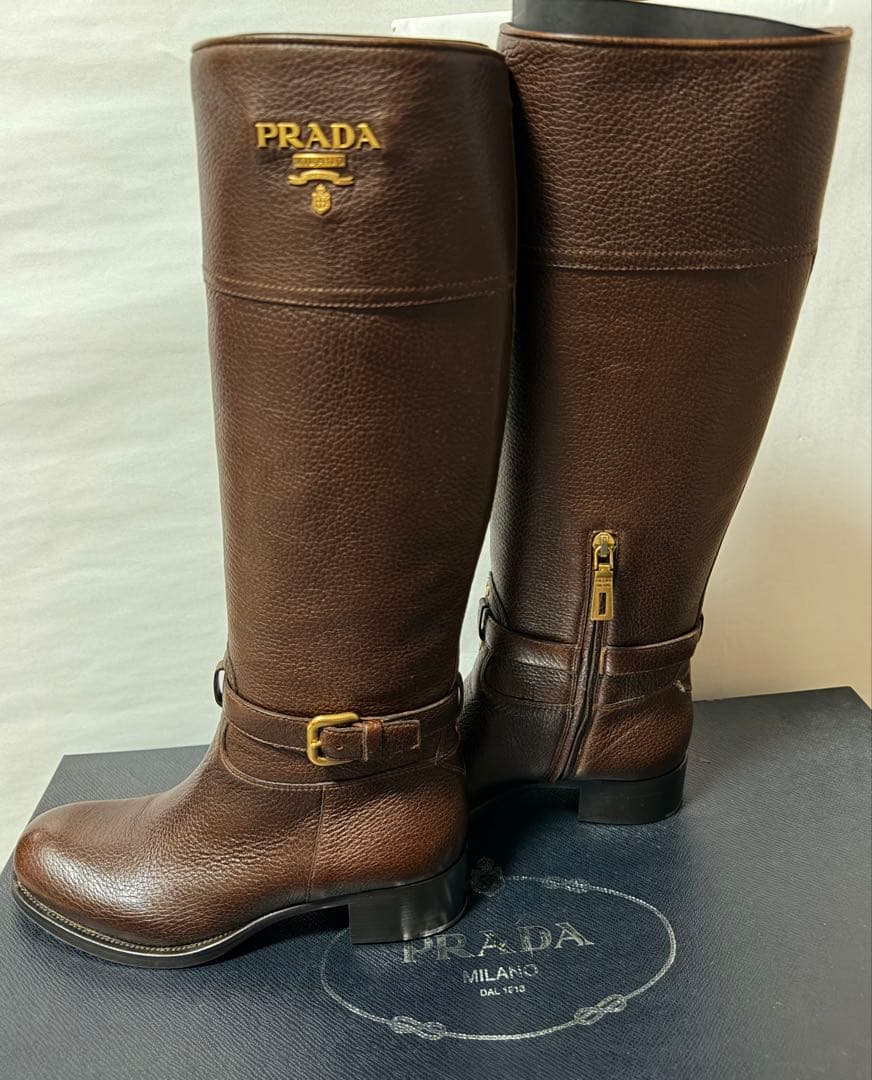 新品　PRADA ブラウン ロングブーツ　茶　シンプル35.5
