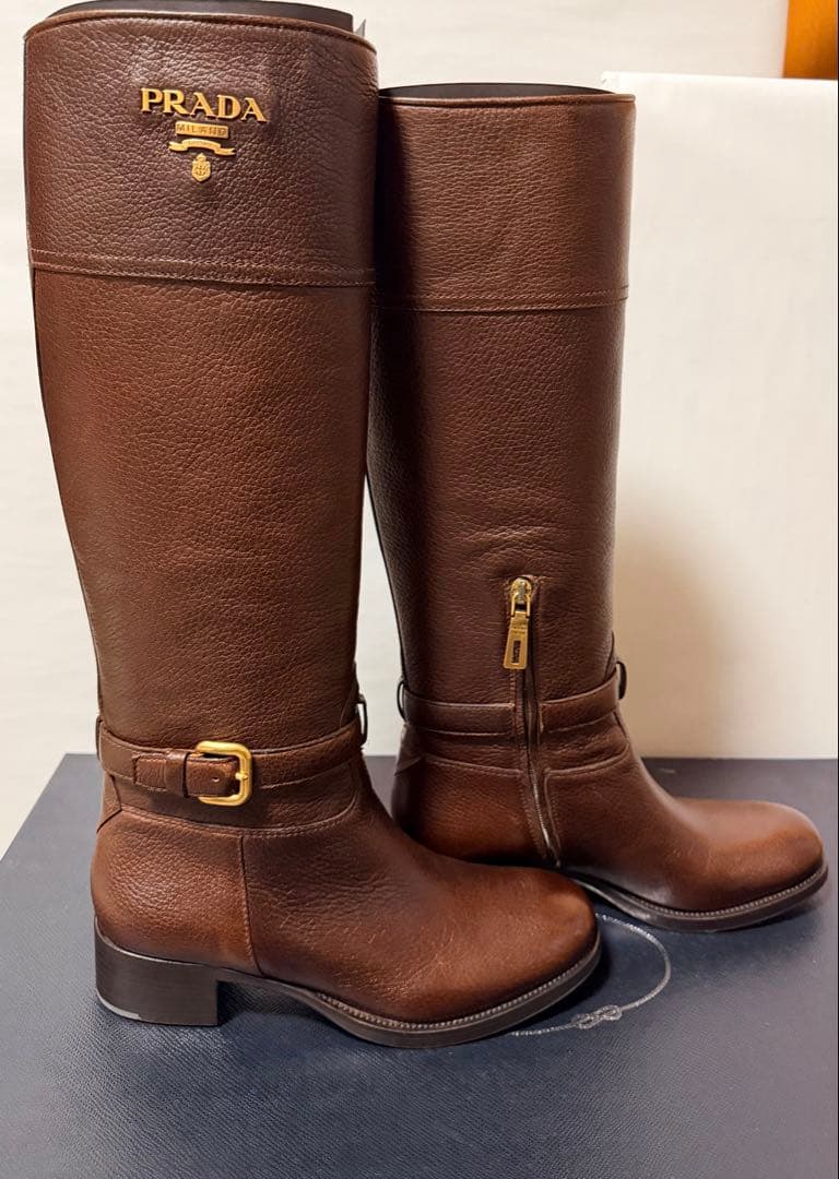 新品　PRADA ブラウン ロングブーツ　茶　シンプル35.5