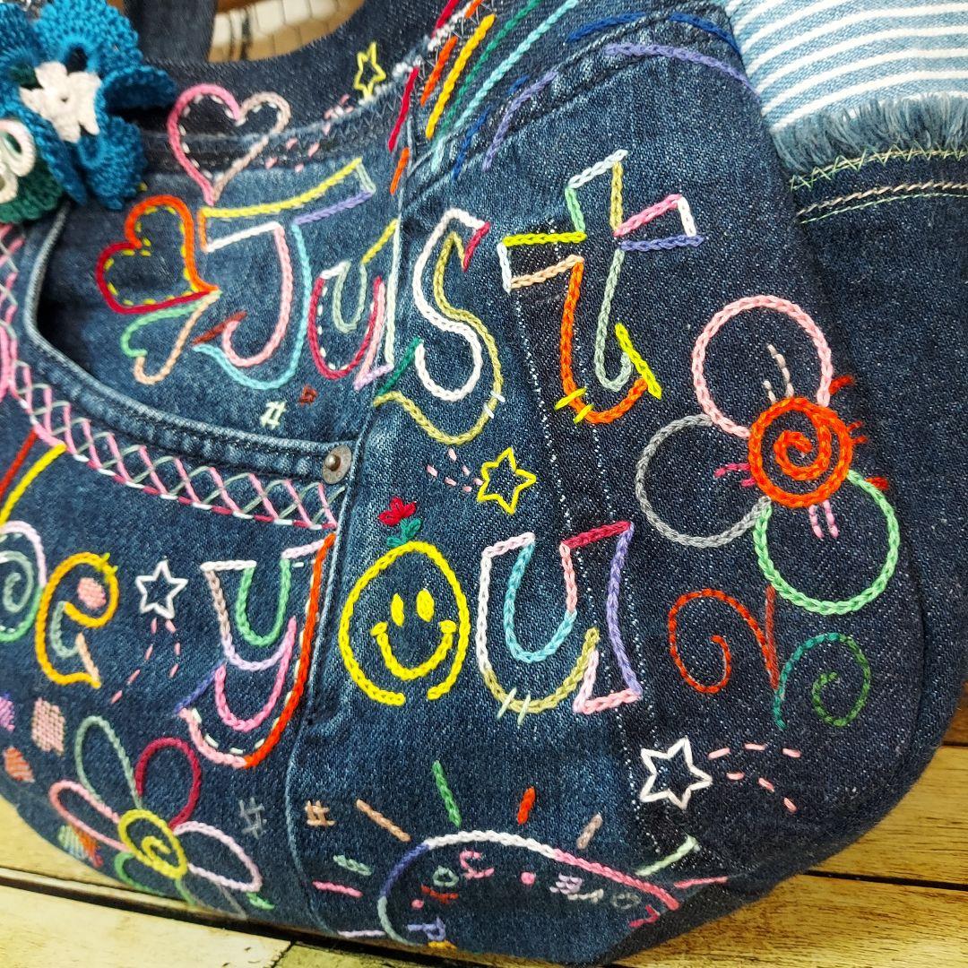 刺繍デニムバック　No.673　デニムリメイク　スマイリー　刺繍バック
