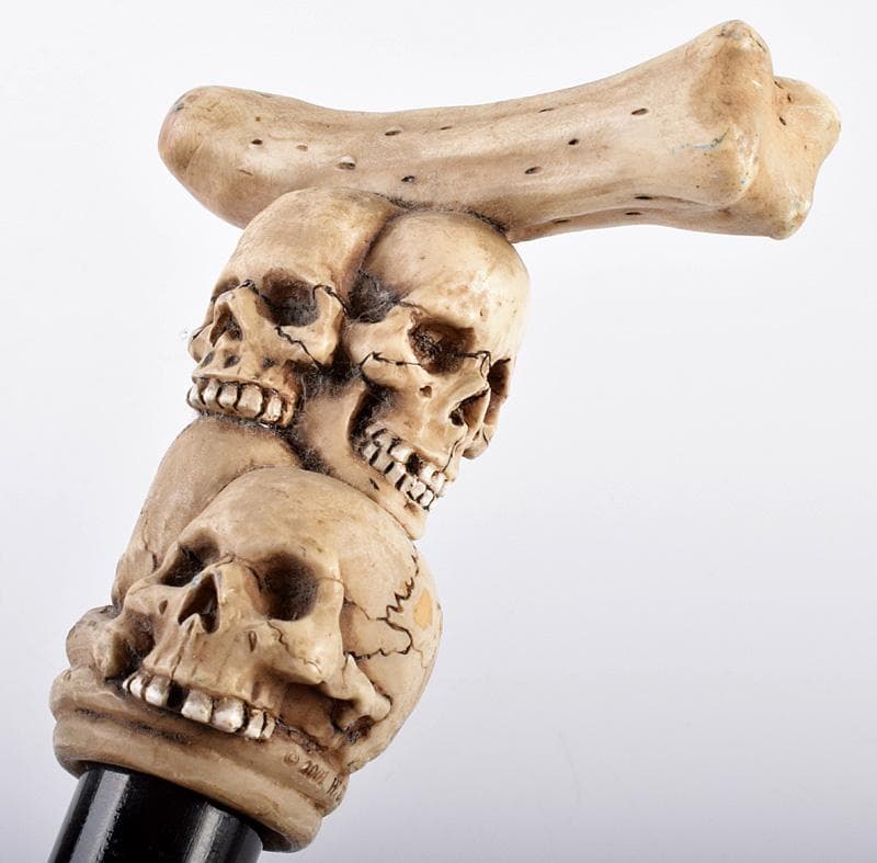 中国　木製　持ち手樹脂　骸骨彫　杖　ステッキ　V　3750B