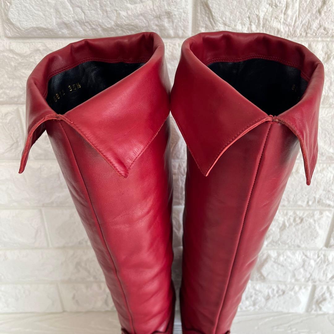 【極美品】Sergio rossiレッド 本革ロング ブーツ 22.5ベルト装飾