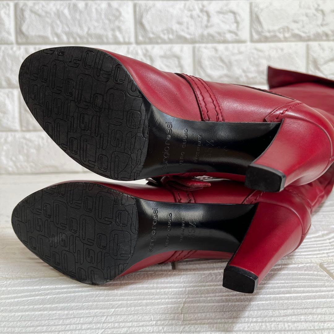【極美品】Sergio rossiレッド 本革ロング ブーツ 22.5ベルト装飾