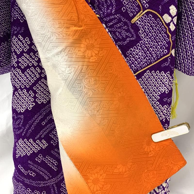 506ag40□七五三 七歳 女児 着物&袋帯 総絞り 金駒刺繍 紫□良好