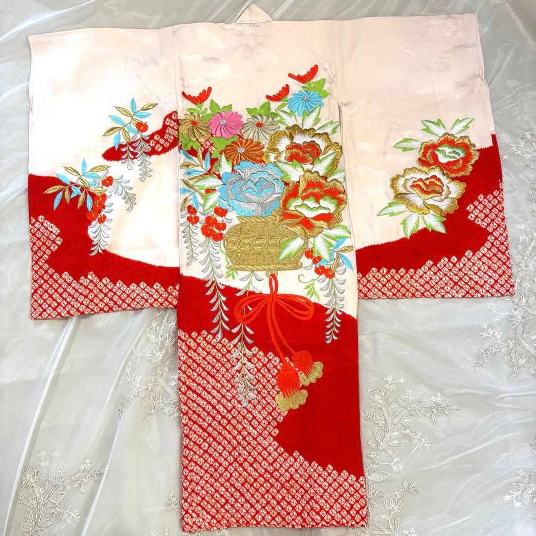 七五三直前割引【高級】お宮参り 七五三 3歳 着物セット 紅白 金駒刺繍 絞り