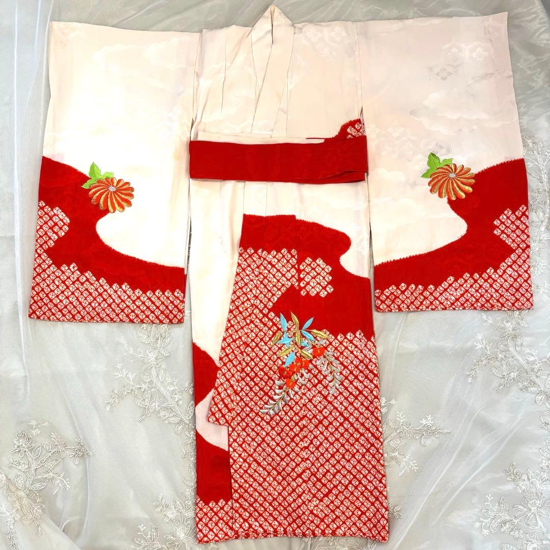七五三直前割引【高級】お宮参り 七五三 3歳 着物セット 紅白 金駒刺繍 絞り
