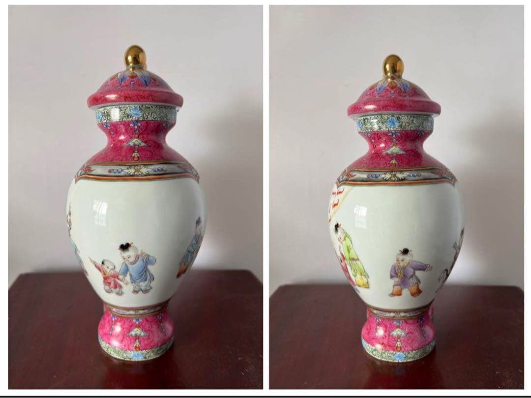 中国古美術/清清代時代珐瑯彩嬰戲紋雙聯蓋瓶/景德鎮製。 y508